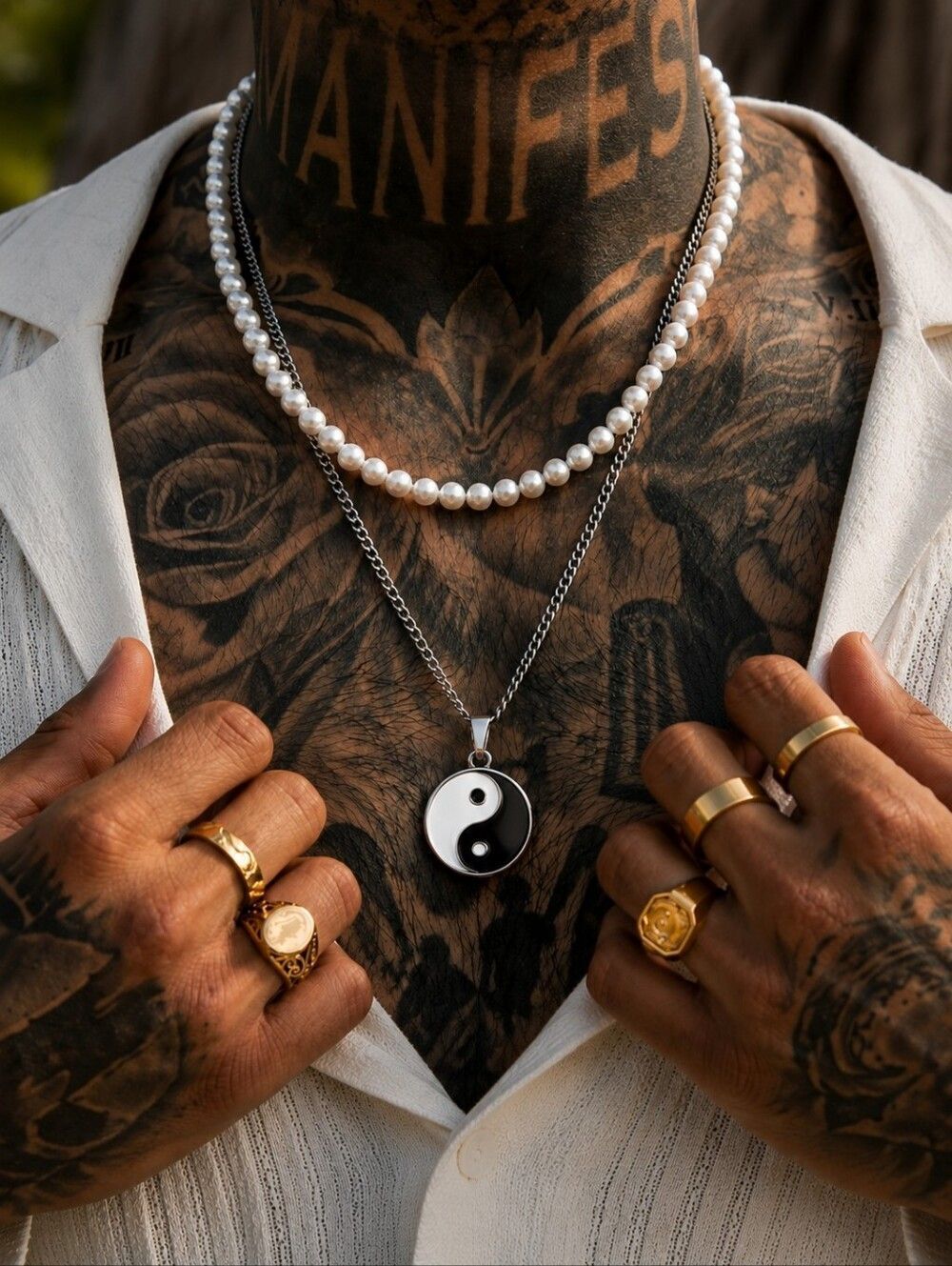 Yin and Yang Pearl Cuban Necklace Set